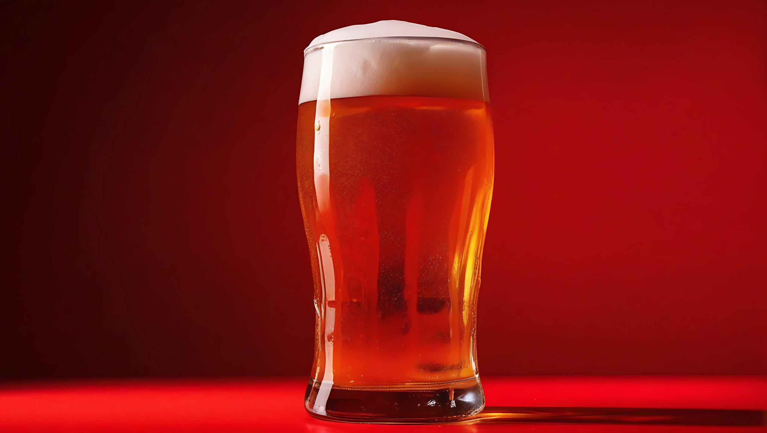 Beer Photo of a frothy lager against a bright red background